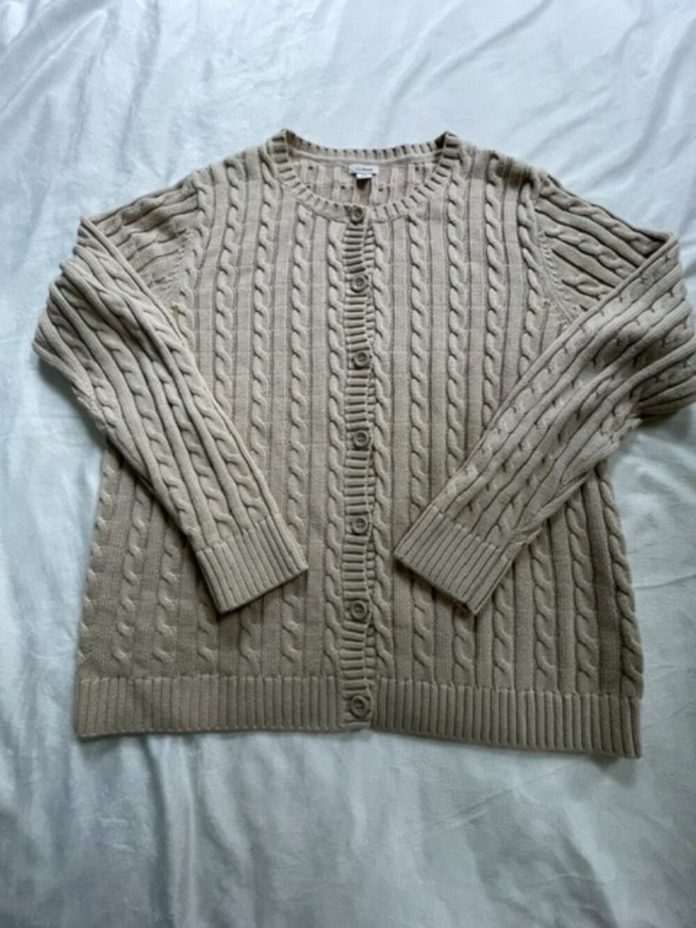 L.L.Bean Cardigan Sweater 100% Cotton Cable-Knit Button-Down, Beige, Size XL